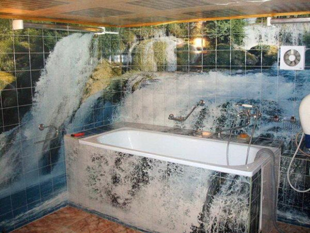 Интерьер ванной комнаты, 3d плитка с прекрасным пейзажем