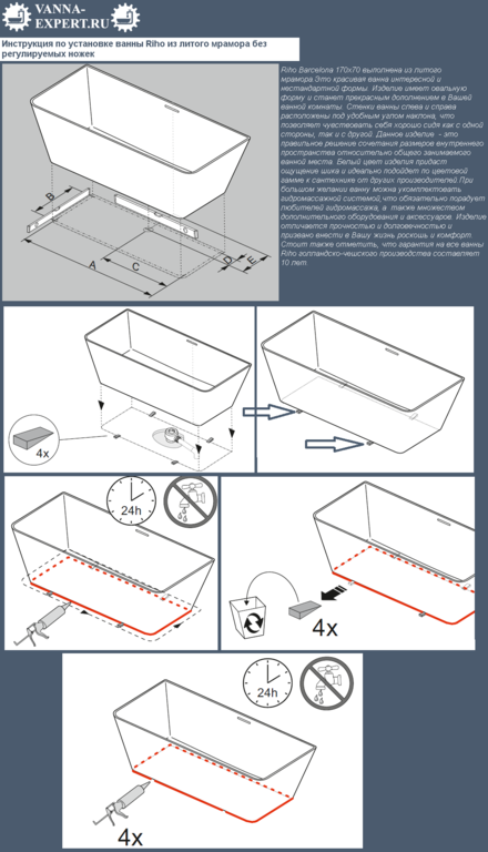 Инструкция по установке ванны Riho из литого мрамора без регулируемых ножек