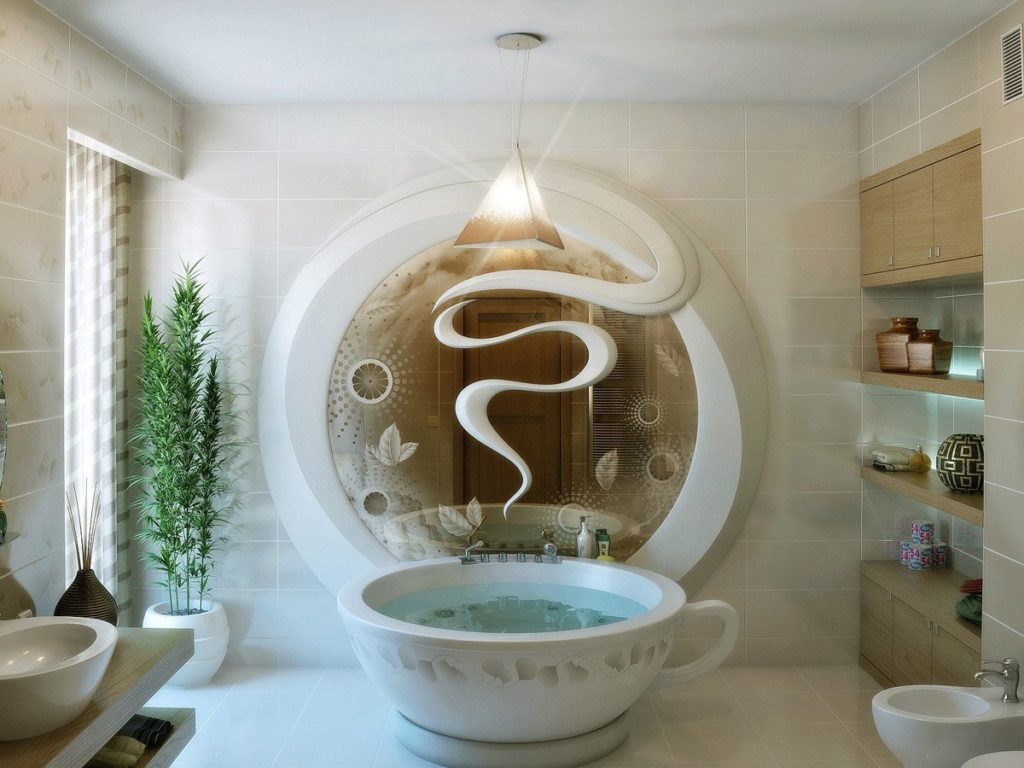 Элегантное оформление ванной комнаты с мраморной чашей в виде чайной кружки