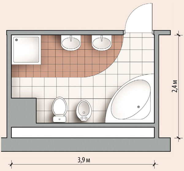 Пример планировки ванной прямоугольной формы