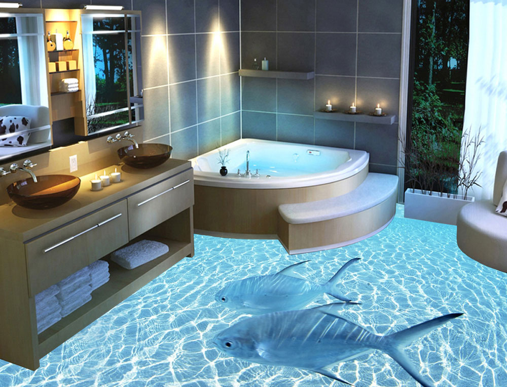 Наливной пол в ванной комнате, изображение морской воды и рыб