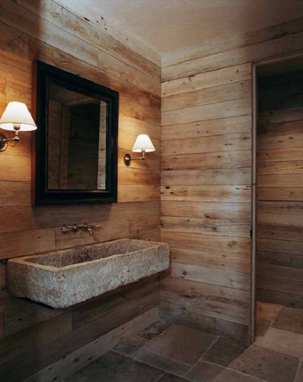 Пример отделки ванной комнаты, настенный смеситель над раковиной