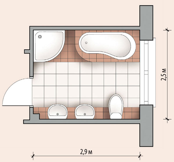 Планировка ванной комнаты с ванной и душевой кабиной (7,2 м²)