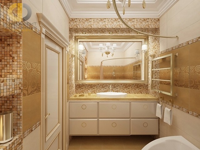 Современные идеи в дизайне ванной комнаты с золотистой плиткой