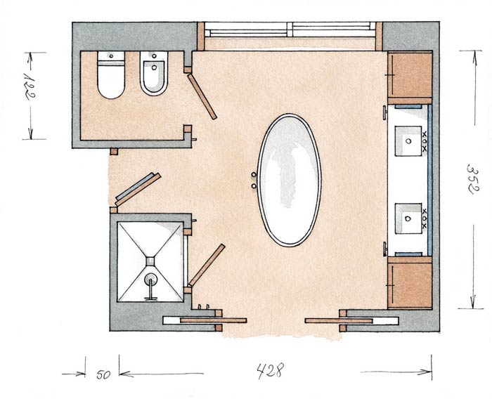 Планировка ванной комнаты с отдельно стоящей купелью